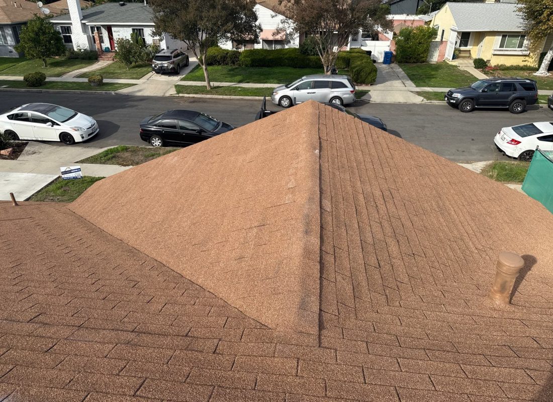 Roofing crew installing premium shingles on upscale Beverly Hills, CA home with palm trees in background